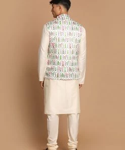 VASTRAMAY Men's Cream Digital Print Nehru Jacket With Cream Colour Kurta And Pyjama