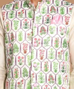 VASTRAMAY Men's Cream Digital Print Nehru Jacket With Cream Colour Kurta And Pyjama