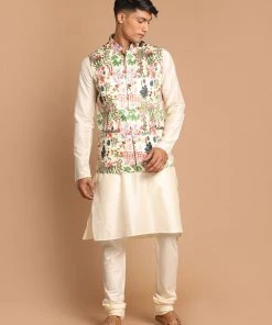 VASTRAMAY Men's Green Digital Printed Royal Ethnic Jacket With Cream Colour Kurta Pyjama