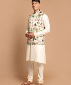 VASTRAMAY Men's Green Digital Printed Royal Ethnic Jacket With Cream Colour Kurta Pyjama