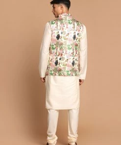 VASTRAMAY Men's Green Digital Printed Royal Ethnic Jacket With Cream Colour Kurta Pyjama