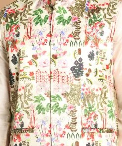 VASTRAMAY Men's Green Digital Printed Royal Ethnic Jacket With Cream Colour Kurta Pyjama