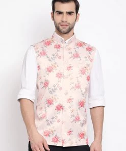 Vastramay Multicolor-Base-Peach Floral Printed Baap Beta Ethnic Jacket Set