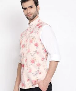 Vastramay Men's Peach Silk Blend Nehru Jacket
