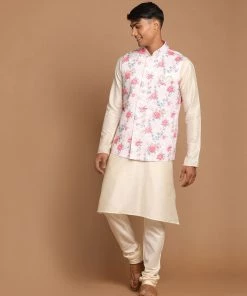 VASTRAMAY Men's Peach Silk Blend Nehru Jacket With Cream Colour Kurta Pyjama Jacket Kurta Sets
