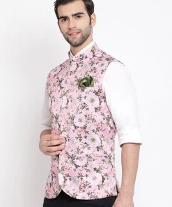 Vastramay Men's Pink Digital Floral Printed Royal Nehru Jacket