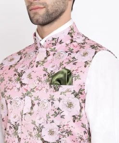 Vastramay Men's Pink Digital Floral Printed Royal Nehru Jacket