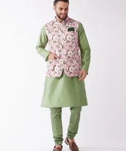 VASTRAMAY Men's Pink Floral Printed Ethnic Jacket With Green Silk Blend Kurta And Pyjama Set