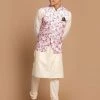VASTRAMAY Men's Pink Floral Printed Ethnic Jacket With Cream Colour Kurta Pyjama