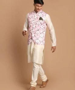 VASTRAMAY Men's Pink Floral Printed Ethnic Jacket With Cream Colour Kurta Pyjama