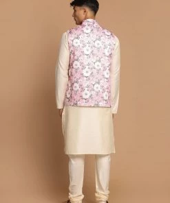 VASTRAMAY Men's Pink Floral Printed Ethnic Jacket With Cream Colour Kurta Pyjama 11 VASTRAMAY Men's Pink Floral Printed Ethnic Jacket With Cream Colour Kurta Pyjama