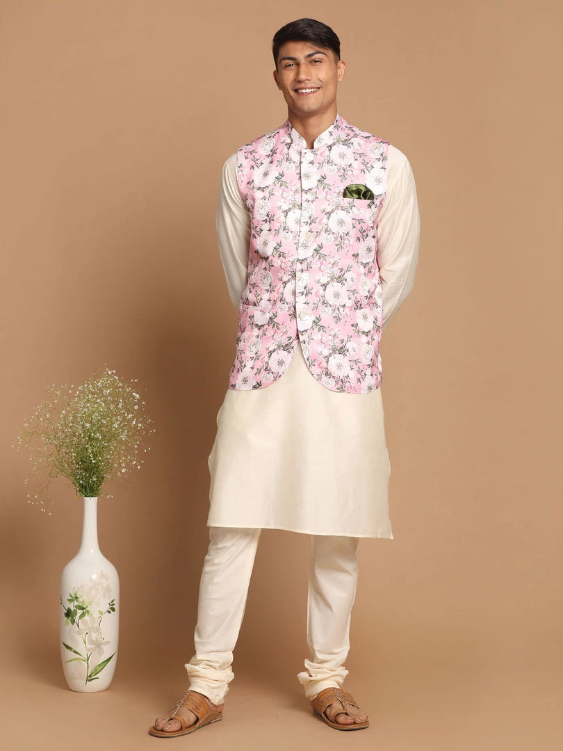VASTRAMAY Men's Pink Floral Printed Ethnic Jacket With Cream Colour Kurta Pyjama 8 VASTRAMAY Men's Pink Floral Printed Ethnic Jacket With Cream Colour Kurta Pyjama