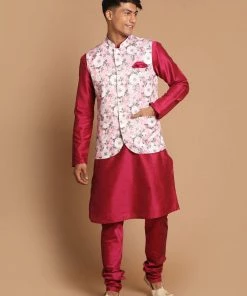 VASTRAMAY Men's Pink Floral Printed Ethnic Jacket With Purple Cotton Silk Blend Kurta Pyjama