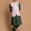 VASTRAMAY Men's Pink Floral Printed Ethnic Jacket With Green Cotton Silk Blend Kurta Pyjama