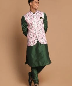 VASTRAMAY Men's Pink Floral Printed Ethnic Jacket With Green Cotton Silk Blend Kurta Pyjama