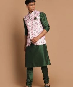 VASTRAMAY Men's Pink Floral Printed Ethnic Jacket With Green Cotton Silk Blend Kurta Pyjama