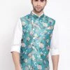 VASTRAMAY Men's Turquoise Digital Printed Royal Angrakha Nehru Jacket
