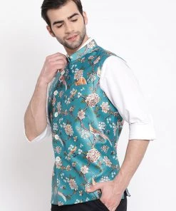 VASTRAMAY Men's Turquoise Digital Printed Royal Angrakha Nehru Jacket