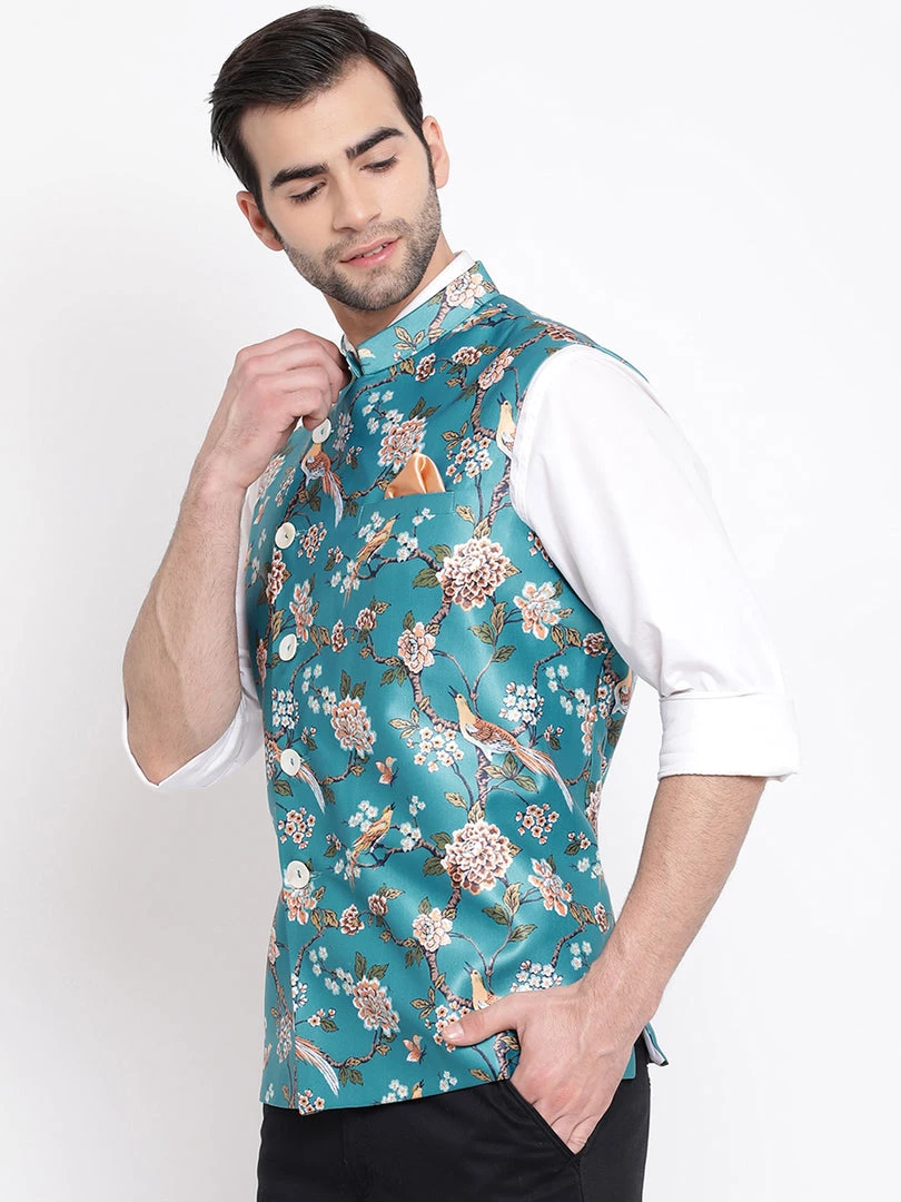 VASTRAMAY Men's Turquoise Digital Printed Royal Angrakha Nehru Jacket 4 VASTRAMAY Men's Turquoise Digital Printed Royal Angrakha Nehru Jacket