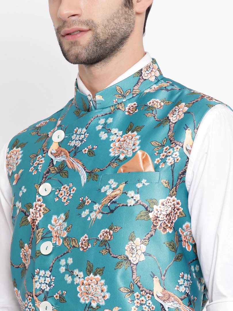VASTRAMAY Men's Turquoise Digital Printed Royal Angrakha Nehru Jacket 6 VASTRAMAY Men's Turquoise Digital Printed Royal Angrakha Nehru Jacket