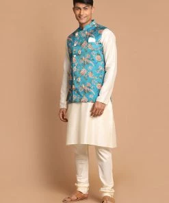 Jacket Kurta Sets VASTRAMAY Men's Turquoise Digital Printed Royal Angrakha Nehru Jacket With Cream Colour Kurta Pyjama