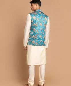 Jacket Kurta Sets VASTRAMAY Men's Turquoise Digital Printed Royal Angrakha Nehru Jacket With Cream Colour Kurta Pyjama