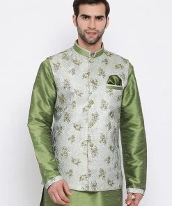 Kurta Sets VASTRAMAY Men's Grey & Green Printed Woven Nehru Jacket