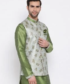 Kurta Sets VASTRAMAY Men's Grey & Green Printed Woven Nehru Jacket