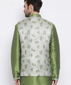 Kurta Sets VASTRAMAY Men's Grey & Green Printed Woven Nehru Jacket