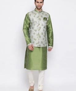 Kurta Sets VASTRAMAY Men's Grey & Green Printed Woven Nehru Jacket