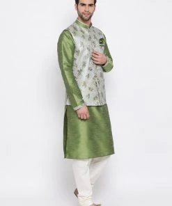 Vastramay Men Green Floral Jacquard Jacket With Silk Kurta And Pyjama Set