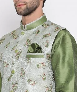 Vastramay Men Green Floral Jacquard Jacket With Silk Kurta And Pyjama Set