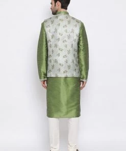 Vastramay Men Green Floral Jacquard Jacket With Silk Kurta And Pyjama Set