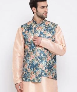 Kurta Sets VASTRAMAY Men's Peach And Blue Printed Woven Nehru Jacket