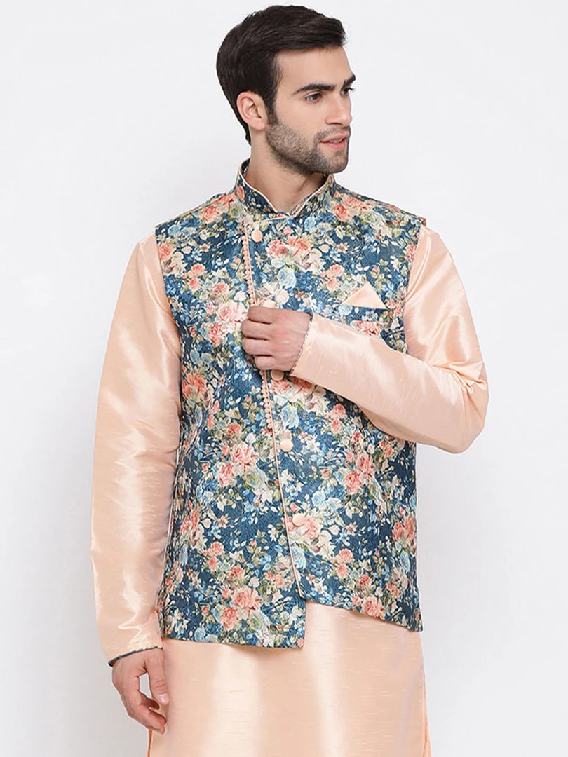 Kurta Sets VASTRAMAY Men's Peach And Blue Printed Woven Nehru Jacket 3 Kurta Sets VASTRAMAY Men's Peach And Blue Printed Woven Nehru Jacket