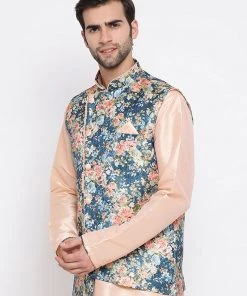 Kurta Sets VASTRAMAY Men's Peach And Blue Printed Woven Nehru Jacket
