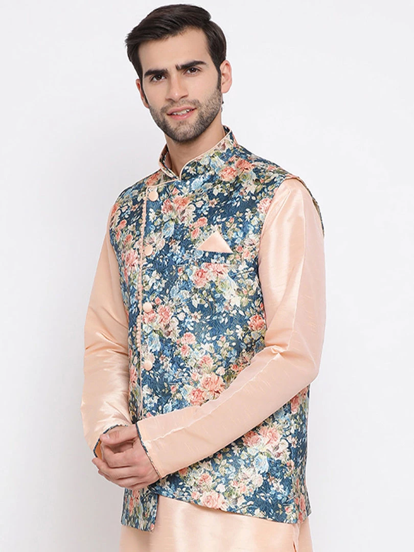 Kurta Sets VASTRAMAY Men's Peach And Blue Printed Woven Nehru Jacket 4 Kurta Sets VASTRAMAY Men's Peach And Blue Printed Woven Nehru Jacket