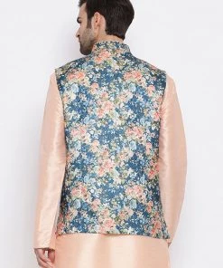 Kurta Sets VASTRAMAY Men's Peach And Blue Printed Woven Nehru Jacket 10 Kurta Sets VASTRAMAY Men's Peach And Blue Printed Woven Nehru Jacket