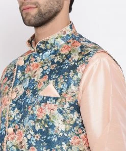 Kurta Sets VASTRAMAY Men's Peach And Blue Printed Woven Nehru Jacket 11 Kurta Sets VASTRAMAY Men's Peach And Blue Printed Woven Nehru Jacket