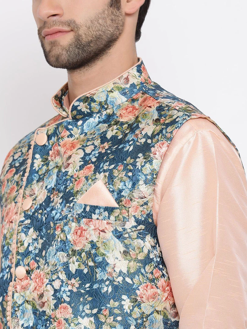 Kurta Sets VASTRAMAY Men's Peach And Blue Printed Woven Nehru Jacket 6 Kurta Sets VASTRAMAY Men's Peach And Blue Printed Woven Nehru Jacket