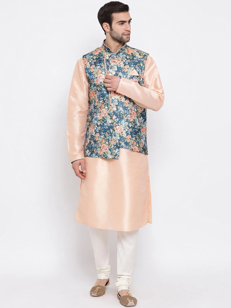 Kurta Sets VASTRAMAY Men's Peach And Blue Printed Woven Nehru Jacket 7 Kurta Sets VASTRAMAY Men's Peach And Blue Printed Woven Nehru Jacket
