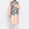 Vastramay Peach Floral Jacquard Jacket With Silk Kurta And Pyjama Set