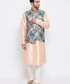Vastramay Peach Floral Jacquard Jacket With Silk Kurta And Pyjama Set
