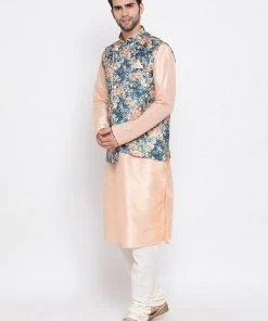 Vastramay Peach Floral Jacquard Jacket With Silk Kurta And Pyjama Set