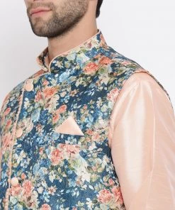 Vastramay Peach Floral Jacquard Jacket With Silk Kurta And Pyjama Set