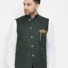 VASTRAMAY Bottle Green Solid Embellished Zardozi Nehru Jacket Men