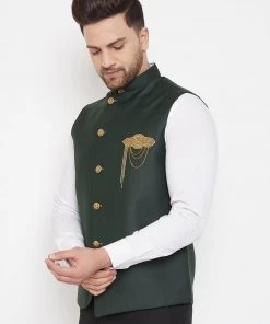 VASTRAMAY Bottle Green Solid Embellished Zardozi Nehru Jacket Men