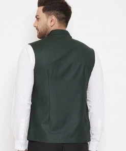 VASTRAMAY Bottle Green Solid Embellished Zardozi Nehru Jacket Men