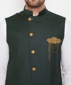 VASTRAMAY Bottle Green Solid Embellished Zardozi Nehru Jacket Men