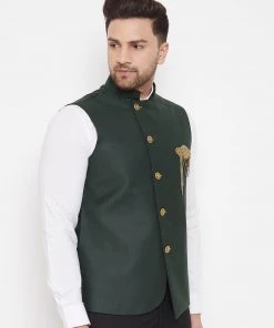 VASTRAMAY Bottle Green Solid Embellished Zardozi Nehru Jacket Men